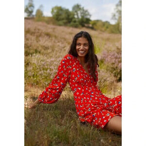 NWT Anthropologie by Maeve Red Long Sleeve Faux Wrap Dress Size 0